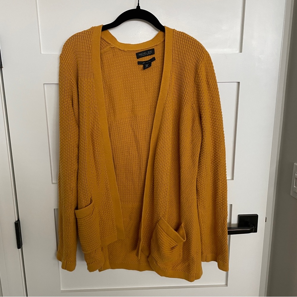Rachel Zoe mustard yellow 100% cotton open front cardigan sz M